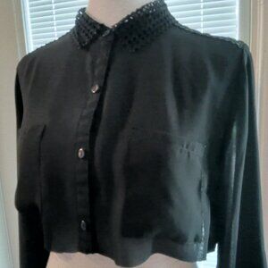 NY Collection Womens Long Sleeve Button Up Crochet Cropped Shirt Cut Off Blouse